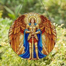 Archangel Golden Armor Tiffany Stained Glass Celestial Light - Home Decor Gift Stained Glass Suncatcher