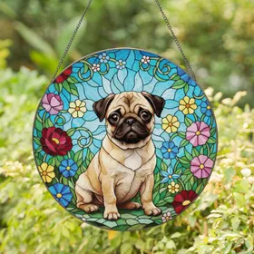 Pug Puppy Fawn Fur Lush Blooming Garden Blue Sky - Pet Lover Home Decor Gift Stained Glass Suncatcher