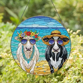 Cows in Sunglasses Floral Wreath Beach Scene - Home Decor Gift for Cow Lover Stained Glass Suncatcher