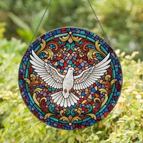 Soaring Golden Eye White Dove Acanthus Floral Glass Shard Mosaic - Home Decor Gift for Bird Lover Stained Glass Suncatcher