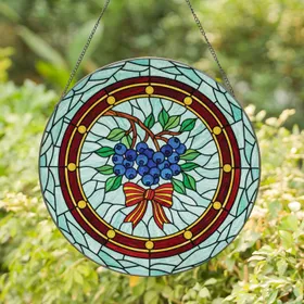 Blueberry Cluster Leafy Branch Red Gold Bow Circular Border - Kitchen Home Decor Gift Stained Glass Suncatcher