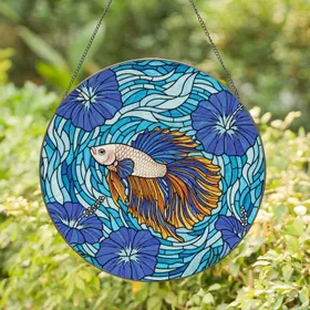 Betta Fish Blue Hibiscus Underwater Mosaic - Fish Lover Home Decor Gift Stained Glass Suncatcher