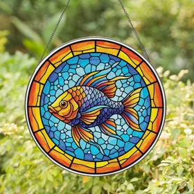 Ornate Stained Glass Fish Aquatic Mosaic - Home Decor Gift for Fish Lover Stained Glass Suncatcher