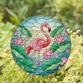 Pink Flamingo Blooming Lotus Sunlit Water Stained Glass - Home Decor Gift for Wildlife Lovers Stained Glass Suncatcher