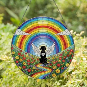 Black Dog Angel Wings Luna Rainbow Wildflowers - Pet Memorial Home Decor Gift Stained Glass Suncatcher