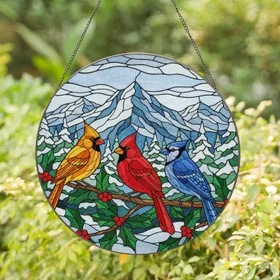 Cardinal Blue Jay Holly Tiffany Glass Winter Landscape Scene - Home Decor Gift for Bird Lover Stained Glass Suncatcher