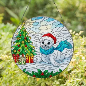 Baby Seal Pup Santa Hat Scarf Christmas Tree Holly Presents - Christmas Gift Stained Glass Suncatcher