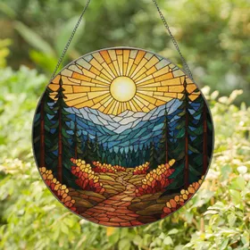 Golden Sun Mountain Forest Path Evergreen Autumn - Home Decor Gift for Nature Lover Stained Glass Suncatcher