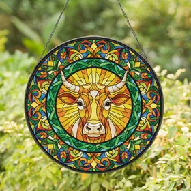 Friendly Cow Head Wide Eyes Small Horns Sunrays Foliage - Farmhouse Decor Gift Stained Glass Suncatcher