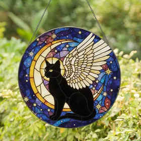 Black Cat Angel Wings Golden Moon Celestial Mosaic - Home Decor Gift for Cat Lover Stained Glass Suncatcher