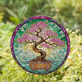 Gnarled Blossoming Cherry Bonsai Tree Filigree Stained Glass Mosaic - Home Decor Gift Stained Glass Suncatcher