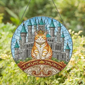 Orange White Tabby Cat Golden Crown Castle Fantasy Home Decor Gift Stained Glass Suncatcher