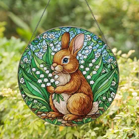 Fluffy Brown Bunny Lily of the Valley Spring Garden Mosaic - Home Decor Gift Stained Glass Suncatcher