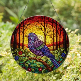 Stained Glass Songbird Autumn Sunset - Wildlife Lover Home Decor Gift Stained Glass Suncatcher
