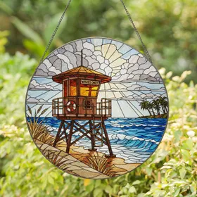 Lifeguard Tower Ocean Waves Beach Grass - Coastal Home Decor Gift for Ocean Lover Stained Glass Suncatcher