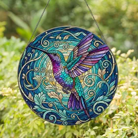 Hummingbird Mid-Flight Celestial Patterns - Home Decor Gift for Wildlife Lovers Stained Glass Suncatcher