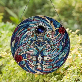 Astronaut Floating Geometric Cosmic Hearts - Home Decor Gift Stained Glass Suncatcher