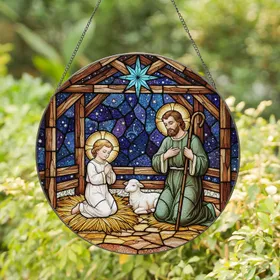 Infant Jesus Manger Joseph Lamb Rustic Stable Blue Star Christmas Home Decor Gift Stained Glass Suncatcher