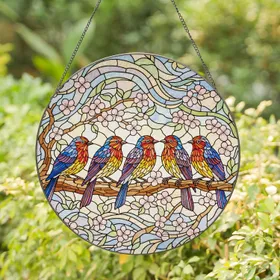 Six Songbirds Pink Cherry Blossoms Tree Branch - Bird Watcher Home Decor Gift Stained Glass Suncatcher