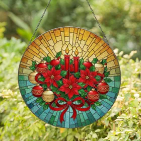 Red Candles Poinsettia Holly Ornaments - Christmas Holiday Decor Gift Stained Glass Suncatcher