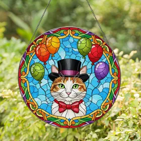 Calico Cat Emerald Eye Top Hat Red Bow Tie Balloons - Home Decor Gift for Cat Lover Stained Glass Suncatcher