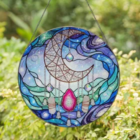 Woven Crescent Moon Dreamcatcher Pink Agate Geode Crystal Celestial Nebulae Home Decor Gift Stained Glass Suncatcher