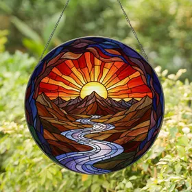 Towering Angular Mountains Winding River Canyon Glowing Sun Sunset - Home Decor Gift Stained Glass Suncatcher