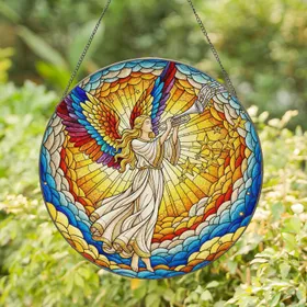 Winged Angel Trumpet Golden Stars Ethereal Clouds - Celestial Home Decor Gift Stained Glass Suncatcher