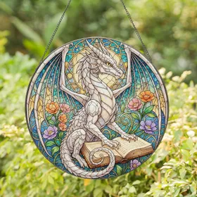 Stained Glass Dragon Ancient Book Floral - Fantasy Home Decor Gift Stained Glass Suncatcher