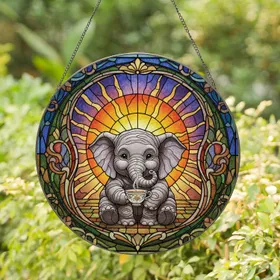 Baby Elephant Teacup Floral Border - Sunrise Sky Home Decor Gift for Elephant Lovers Stained Glass Suncatcher