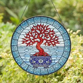 Red Coral Tree Bonsai Ornate Ceramic Pot Ocean Mosaic - Home Decor Gift Stained Glass Suncatcher