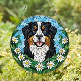 Bernese Mountain Dog Daisies Garland - Home Decor Gift for Dog Lovers Stained Glass Suncatcher