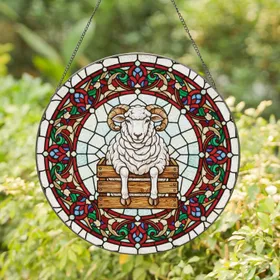 Fluffy White Sheep Wooden Crate Tiffany Floral Border - Home Decor Gift for Sheep Lover Stained Glass Suncatcher