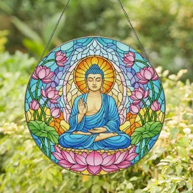 Tiffany Glass Buddha Pink Lotus Blossom - Spiritual Home Decor Gift for Yoga Lover Stained Glass Suncatcher