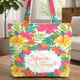 Ornate Floral Wreath Tropical Flowers Leaves Your Name Heart Cursive - Everyday Carry Gift Quilted Tote Bag