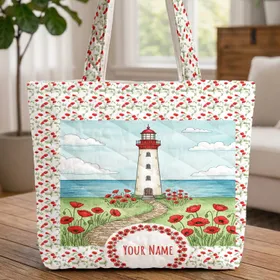 Lighthouse Poppy Flowers Scene - Everyday Carry Gift with Personalized Name Quilted Tote Bag