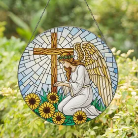 Stained Glass Kneeling Angel Sunflower Wooden Cross - Spiritual Faith Home Decor Gift Stained Glass Suncatcher