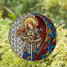 Archangel Golden Armor Silver Sword Sunburst Multicolored Wing Tiffany Glass - Art Lover Gift Stained Glass Suncatcher