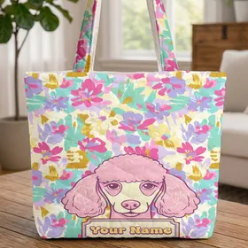 Pink Poodle Floral Splatter Chunky Bubble Letters Enamel Plaque - Everyday Carry Gift Quilted Tote Bag