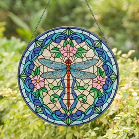 Dragonfly Pink Flowers Green Leaves Blue Scrollwork - Home Decor Gift for Wildlife Lovers Stained Glass Suncatcher