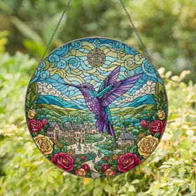 Purple Teal Hummingbird Village Scene Blooming Roses - Home Decor Gift for Wildlife Lover Stained Glass Suncatcher