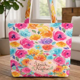 Personalized Monoline Cursive Name Heart Botanical Bouquet Blooms - Everyday Carry Gift Quilted Tote Bag