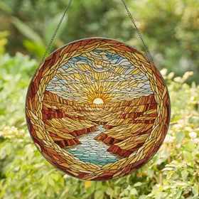 Layered Canyon Landscape River Sunrise Stained Glass - Home Decor Gift Stained Glass Suncatcher