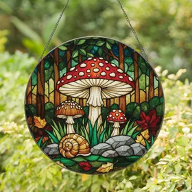 Amanita Muscaria Mushroom Snail Shell Forest Leaves - Nature Lover Home Decor Gift Stained Glass Suncatcher