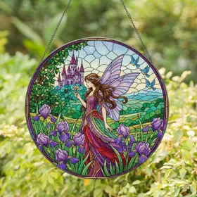 Graceful Fairy Iris Flowers Fantastical Castle - Home Decor Gift for Fantasy Lover Stained Glass Suncatcher