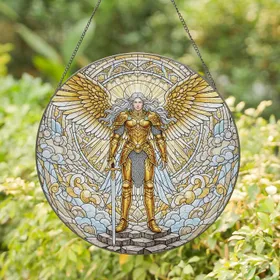 Angelic Warrior Golden Armor Silver Sword Celestial Clouds - Home Decor Gift Stained Glass Suncatcher