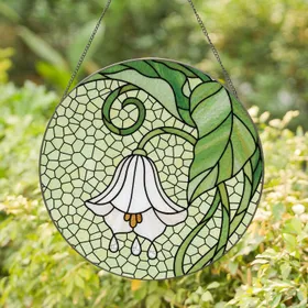 White Bell Flower Amber Stamen Droplets Green Stems - Stained Glass Home Decor Gift Stained Glass Suncatcher
