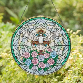 Tiffany Stained Glass White Dove Cross Roses Bloom - Home Decor Gift for Art Lover Stained Glass Suncatcher