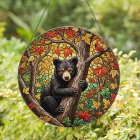 Black Bear Cub Autumn Leaves Red Bird Stained Glass Forest - Home Decor Gift Stained Glass Suncatcher