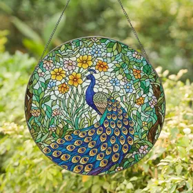 Peacock Flowers Foliage Sky - Home Decor Gift for Bird Watchers & Wildlife Lovers Stained Glass Suncatcher